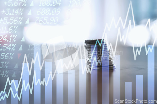 Image of Coins, graphs or stock market with trading, hologram or overlay for financial investment charts. Background, money increase or inflation with finance, profit growth or economy info with stocks value