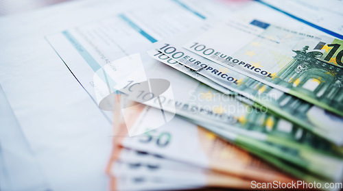 Image of Money, euro and cash for accounting, finance or documents in business, profit or investment on table. Paperwork, savings or salary in bills, expenses or financial growth of income or currency on desk