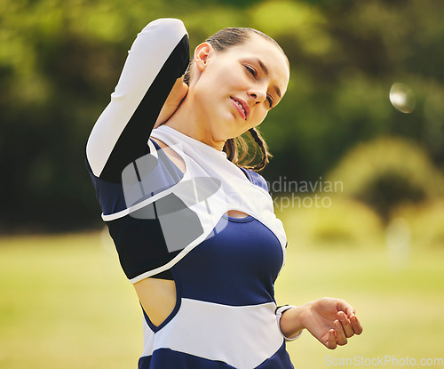Image of Cheerleader, fitness injury and woman neck pain from sport, training and cheer exercise on a grass field. Health, accident and muscle tension outdoor with emergency and workout challenge for wellness