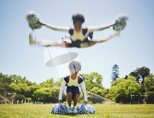 Image of Portrait, cheerleader or girl in jump motion on field for fitness training in outdoor workout for performance. Smile, blur or happy sports woman on grass for motivation, inspiration or support