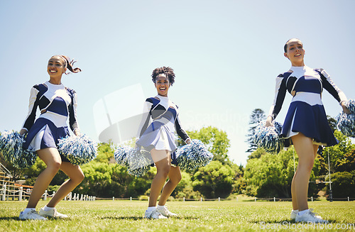 Image of Portrait, motivation and a cheerleader group of women outdoor for a training routine or sports event. Smile, teamwork and diversity with a happy young cheer squad on a field together for support