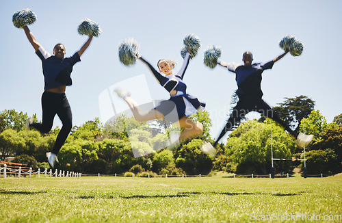 Image of Cheerleader team portrait, blur and jump for performance on field outdoor in training, celebration or exercise. Happy, cheerleading group and energy for support at event, sport competition and dance