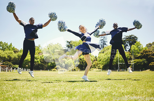 Image of Cheerleader group portrait, smile and people jump, dance and performance on field outdoor for exercise, workout or training. Happy, cheerleading team and support at event, sport competition or energy