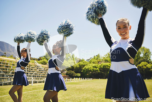 Image of Cheerleader, group portrait and women training, dance and performance on field outdoor for exercise, formation or workout. Happy, cheerleading team and support at event, sport competition and energy