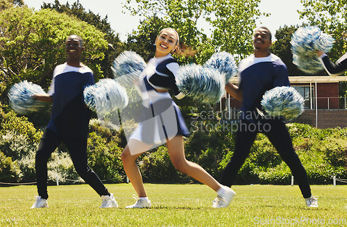 Image of Cheerleader team, blur and portrait of people in dance performance on field outdoor for exercise, formation or training. Smile, cheerleading group and support at event, sport competition and energy