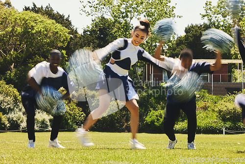 Image of Cheerleader team, blur and people dance in performance on field outdoor for exercise, training and healthy body. Smile, cheer group and support at event, sports competition and workout with energy