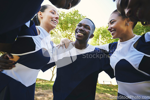 Image of Cheerleader, happy or people in huddle for motivation with support, hope or faith in game on field. Teamwork, sports or group of excited athletes cheerleaders with pride, plan or solidarity together