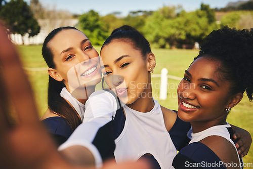 Image of Field, girl or cheerleaders in team selfie at a game with support in training, exercise or fitness workout. Female athletes, teamwork or happy sports women in a social media picture or group photo