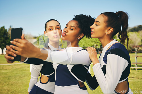 Image of Field, women or cheerleaders in team selfie at a game with support in sports training, exercise or fitness workout. Female athletes, teamwork or young people in a social media picture or group photo