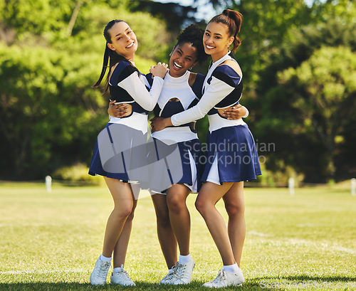 Image of Teamwork, hug or portrait of cheerleader with women outdoor in training or sports event together. Diversity, smile or girl by a happy cheer squad group on field for support, solidarity or fitness