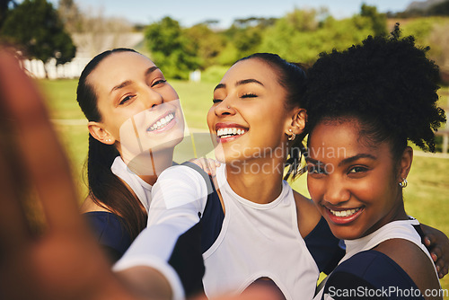 Image of Portrait, women or cheerleaders in a group selfie at a game with support in training, exercise or fitness workout. Proud girls, smile or happy sports athletes in a social media picture or team photo