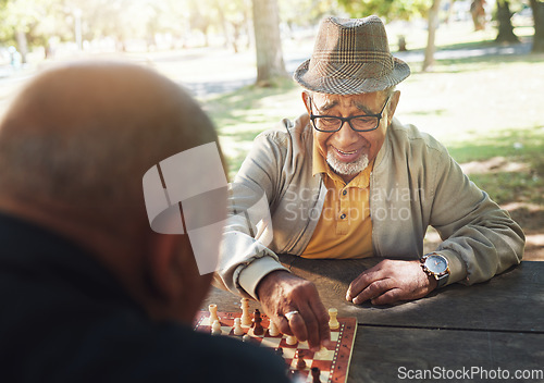 Image of Friends, senior and game of chess outdoor and happy or playing with strategy or thinking challenge in retirement. Winning, boardgame and elderly person with king in checkmate in park, woods or nature