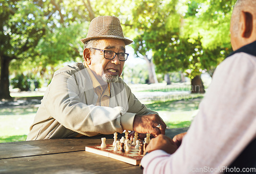 Image of Playing, outdoor and senior friends for chess, strategy and relax with a sport together. Contest, nature and elderly or old people in retirement with games in a park on a board for competition