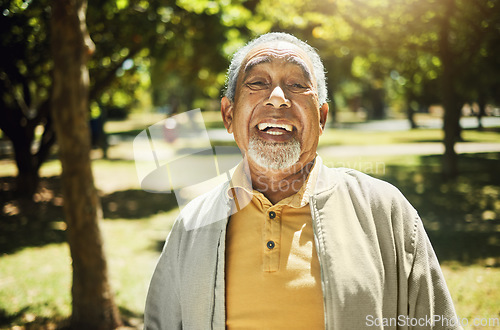 Image of Happy, senior man and portrait in nature, garden or park with freedom, confidence and wellness in retirement. Relax, face and elderly smile with pride in backyard, environment or holiday in summer