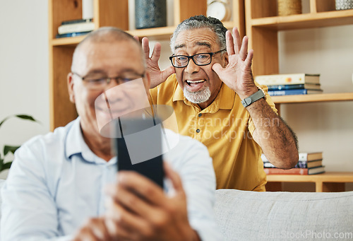 Image of Funny, selfie and men in a house as friends in retirement for relax, comedy and internet. Happy, together and senior or elderly people with a phone for a photo or video call with a comic gesture