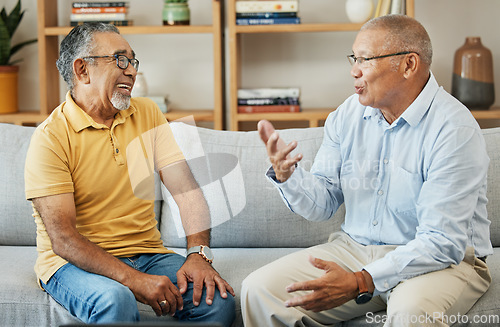 Image of Senior, men and communication on sofa for support, relax and retirement in living room of home with smile. Elderly, people or conversation on couch for advice, discussion and care in lounge of house