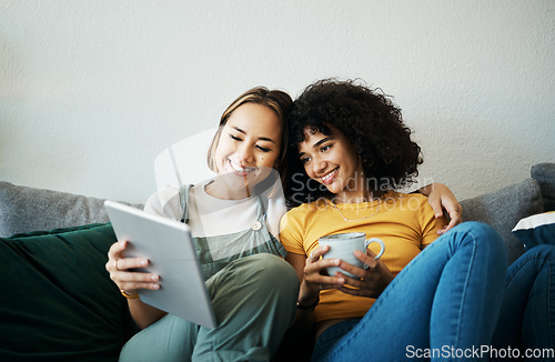 Image of Relax, happy and a lesbian couple with a tablet on the sofa for social media, internet or a movie. Coffee, house and gay or lgbt women with technology for streaming a film or show on the couch