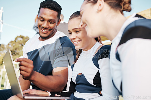 Image of Laptop, sports people and team outdoor for planning workout, exercise or cheerleader strategy. Computer, athlete trainer and happy women on internet for fitness, teaching group and training together