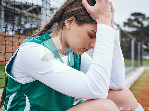 Image of Sad, athlete and fail in sports, game or woman with stress, anxiety or frustrated with performance in competition. Match, loser and person angry with field hockey, fitness or upset with mistake