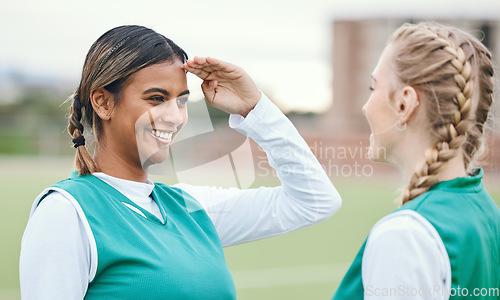 Image of Woman, friends and hockey salute for fun on sports field for game in competition, training or fitness. Female athlete, play and exercise for outdoor contest in sun for strong workout, cardio or smile