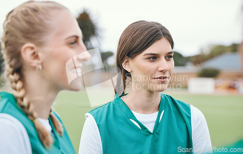 Image of Hockey women, team talk and training on field, circle and advice for game, competition or strategy. Girl, group and together for contest, sports and happy with planning, exercise and listen for goal