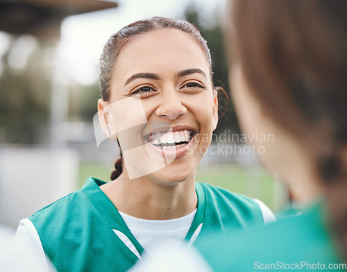 Image of Funny, team sports or happy woman in conversation on turf or court on break in fitness training or exercise. Smile, friends or female hockey players laughing or talking to relax together outdoors