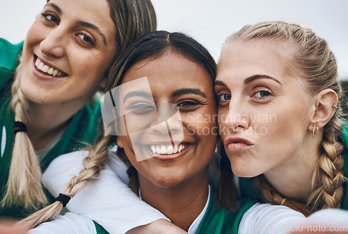 Image of Woman, exercise, or field as portrait selfie for hockey teamwork outdoor sport, exercise or fitness. Athlete smile, strong competition or training group in game for cardio, health or happy workout