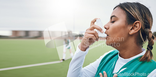 Image of Woman, athlete and asthma pump for breathing, hand and chest pain in emergency, exercising and fitness workout. Inhaler, training and health issues in lungs, wellness and serious medical condition