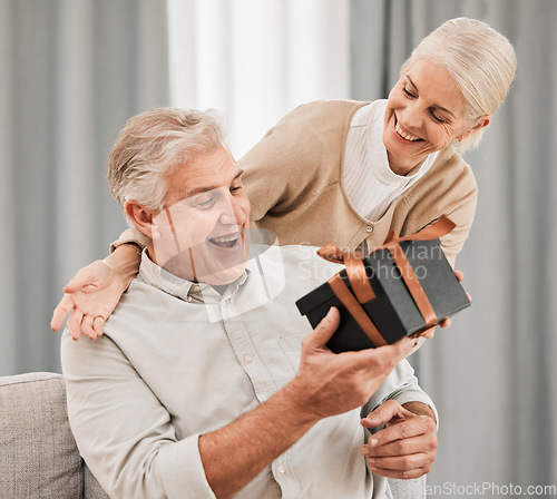 Image of Happy couple, together and surprise with gift at house for retirement, birthday or anniversary on vacation. Elderly, man and woman in celebration of event with happiness, love and care for partner