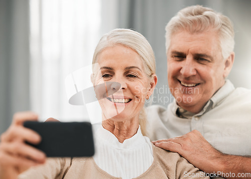 Image of Old couple, happy in selfie and memory for social media post, love and trust while at home. People smile in picture, time together and marriage, retirement and photography for content for mobile app