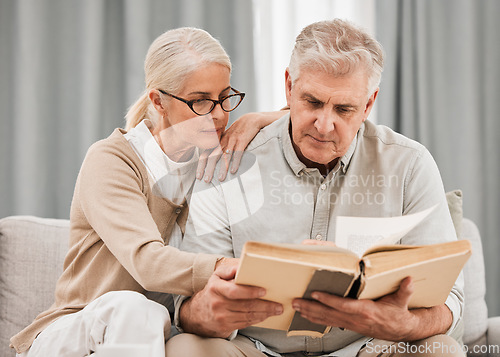 Image of Old people, Bible study and Christian faith with worship and reading book, wellness and spiritual together in retirement. Bonding over religion, couple at home with gospel and scripture, God and pray