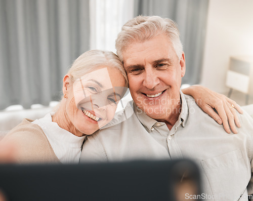 Image of Selfie, face and old couple on social media, happiness and memory with post for app and relax in retirement at home. Love, hug and people smile in profile picture or live streaming with photography