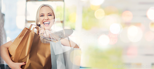 Image of White woman, shopping and smile for purchase, bokeh and .happiness with bags, spending money and customer. Portrait, sale and mall for clothes, discount and promotion for fashion, buying and excited