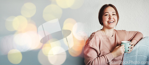 Image of Mockup space, coffee and portrait of woman in the morning with smile and happy to relax in home living room on sofa. Calm, tea and young person in an apartment with joy drinking an espresso on couch