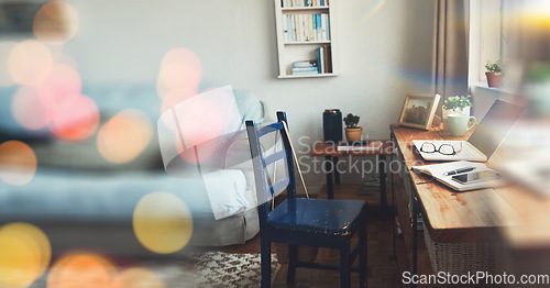 Image of Home office, remote and laptop with notebook on empty for overlay, bokeh and banner for mockup. Technology, workspace and desk with diary in living room with glasses, coffee or phone for entrepreneur