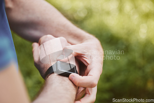 Image of Hands, runner and check smart watch in park for steps, data or time app with results, fitness or nature. Person, iot clock or monitor for speed, heart rate or reading for exercise, workout or health