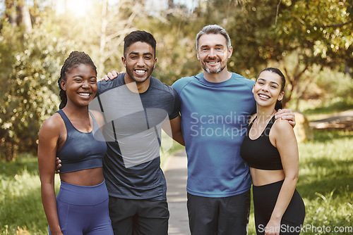 Image of Fitness, group and people hug for portrait, athlete team and support for sport and health. Exercise friends, diversity and healthy with challenge, training together with workout and trust in forest