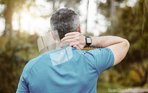 Image of Back of a man, neck pain and outdoor for fitness, wellness and exercise in a park with injury. Morning, mature athlete accident and strain in nature with workout and sports inflammation of the spine