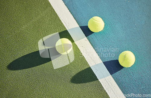 Image of Ball, tennis court and turf for athlete or game for fitness or health as athlete or workout, match or serve. Sports, above and outdoor for energy or cardio in summer for exercise or tournament in sun