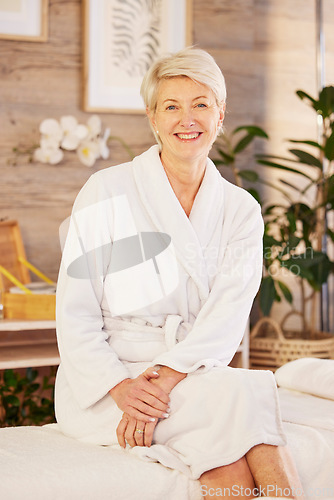 Image of Smile, portrait and senior woman at a spa for health, wellness and anti aging skincare treatment. Beauty, happy and elderly female person in retirement with wrinkles face routine at a natural salon.