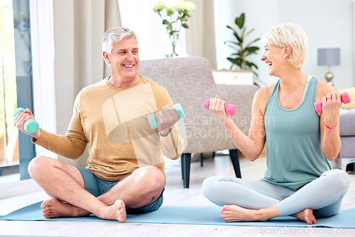 Image of Fitness, senior and couple with dumbbell for exercise, wellness and muscle training on mat with happiness. Elderly, man and woman with workout for healthy body, mindset and healthcare with motivation
