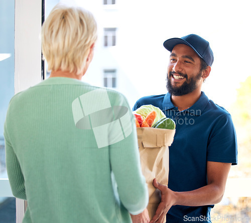 Image of Courier, food and smile for customer, groceries and fresh produce from online shopping. Happy delivery man, supermarket discount and deal from supply chain, distribution with front door service.