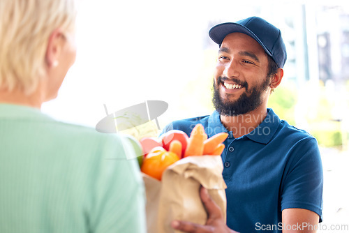 Image of Delivery man, groceries and smile for customer, food and fresh produce from online shopping. Happy person, supermarket discount and deal from supply chain, distribution with front door service.