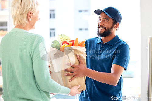 Image of Delivery man, food and smile for customer, groceries and fresh produce from online shopping. Happy courier, supermarket discount and deal from supply chain, distribution with front door service.