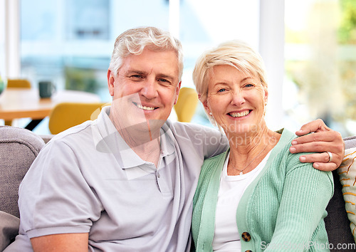 Image of Senior, portrait or happy couple in home with love on sofa to bond or hug in a marriage commitment together. Smile, face or mature people in retirement with care or support in living room to relax