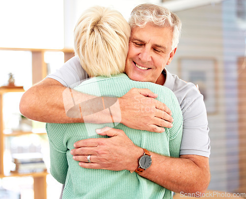 Image of Home, love or senior couple hug in for romance, care or bonding together in a healthy connection. Happy man, mature woman or romantic people embrace to celebrate marriage anniversary with a smile