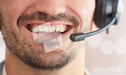 Image of Microphone, mouth or happy man consultant in call center talking or networking online in a telecom office. Smile, closeup or friendly sales agent in communication or conversation at customer services