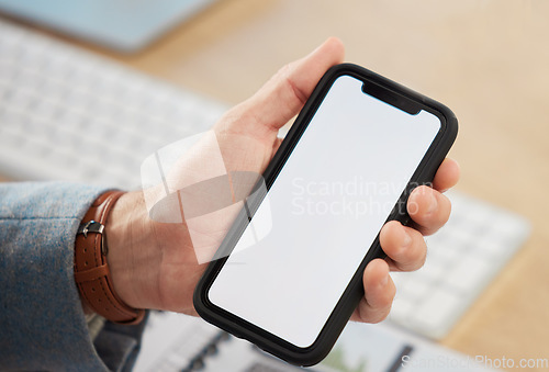 Image of Screen, hands or businessman with phone or mockup on white background on social media for offer. Discount, closeup or person showing mobile app promo, website or online tech mock up space in office