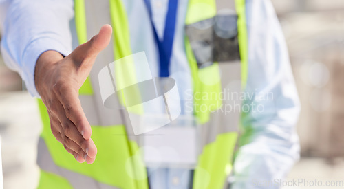 Image of Engineering, shaking hands and offer for partnership, industrial meeting and agreement at construction site. Architecture, contractor and person POV handshake with thank you, hiring or property deal