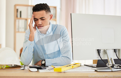 Image of Stress, headache and portrait of engineer in the office planning repairs, maintenance or building. Confused, burnout and man industry worker working with computer in workplace on construction site.